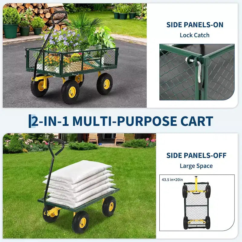 Chariot de jardin robuste en acier de 900 livres, Chariot de jardin sur roues, Chariot utilitaire extérieur en métal avec côtés amovibles en maille