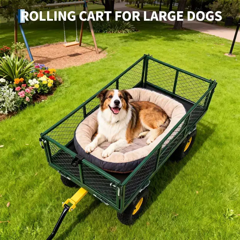 Chariot de jardin robuste en acier de 900 livres, Chariot de jardin sur roues, Chariot utilitaire extérieur en métal avec côtés amovibles en maille