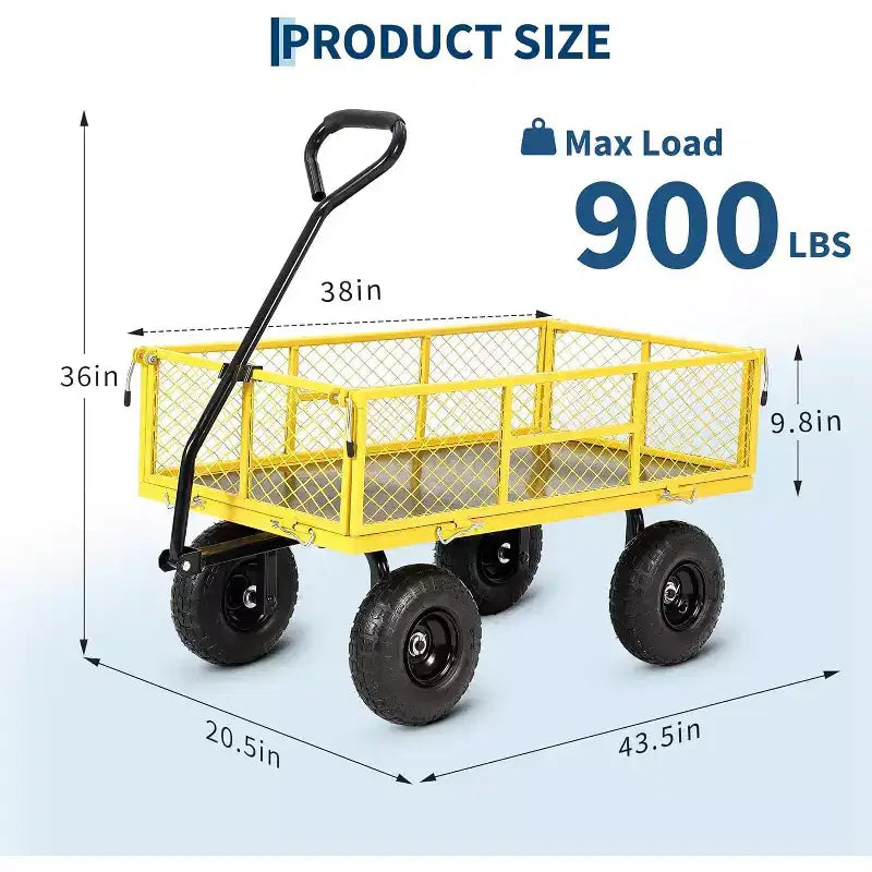 Chariot de jardin robuste en acier de 900 livres, Chariot de jardin sur roues, Chariot utilitaire extérieur en métal avec côtés amovibles en maille