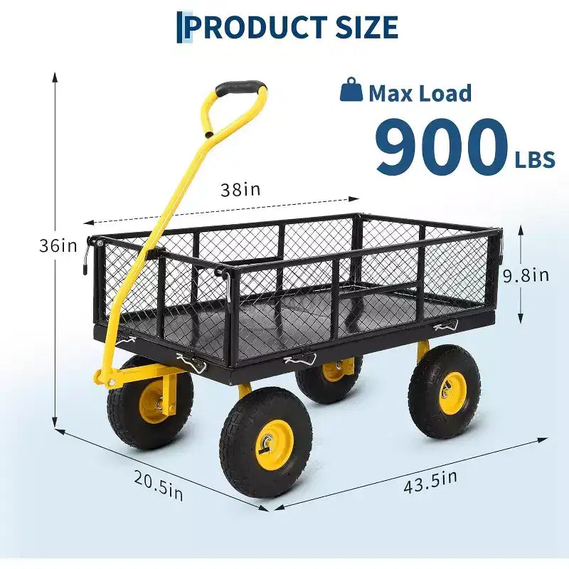 Chariot de jardin robuste en acier de 900 livres, Chariot de jardin sur roues, Chariot utilitaire extérieur en métal avec côtés amovibles en maille