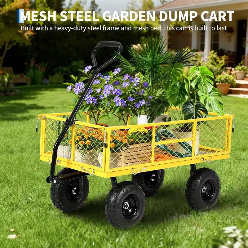 Chariot de jardin robuste en acier de 900 livres, Chariot de jardin sur roues, Chariot utilitaire extérieur en métal avec côtés amovibles en maille