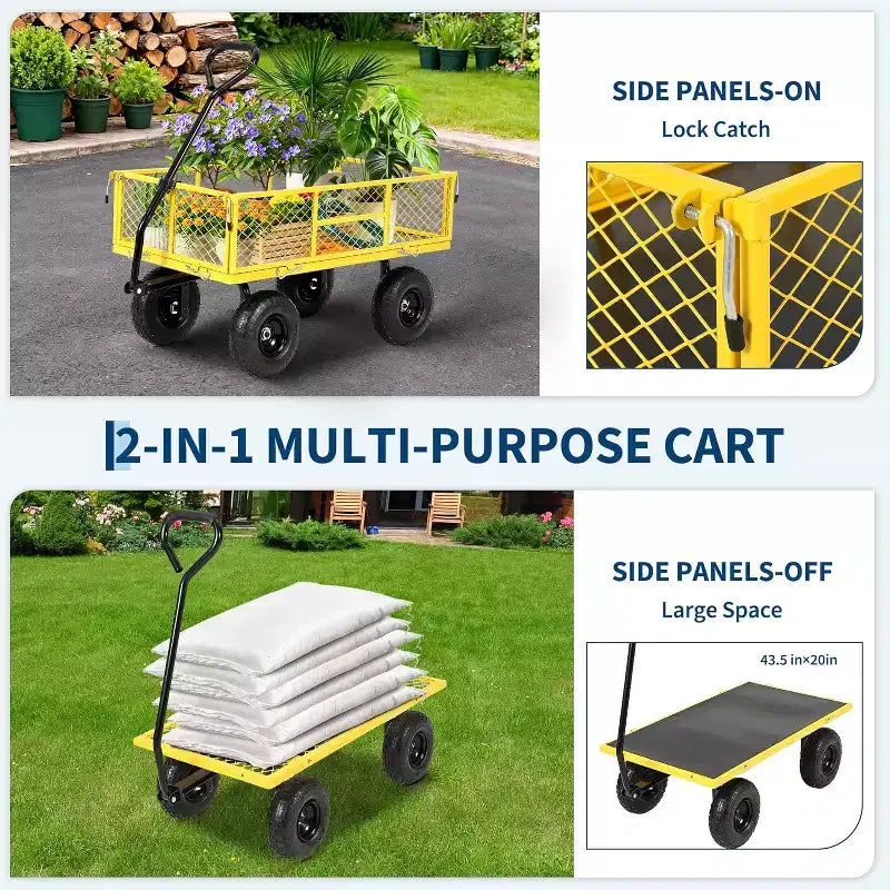 Chariot de jardin robuste en acier de 900 livres, Chariot de jardin sur roues, Chariot utilitaire extérieur en métal avec côtés amovibles en maille