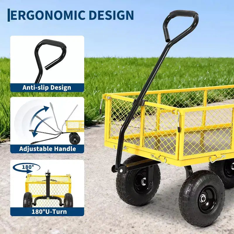 Chariot de jardin robuste en acier de 900 livres, Chariot de jardin sur roues, Chariot utilitaire extérieur en métal avec côtés amovibles en maille