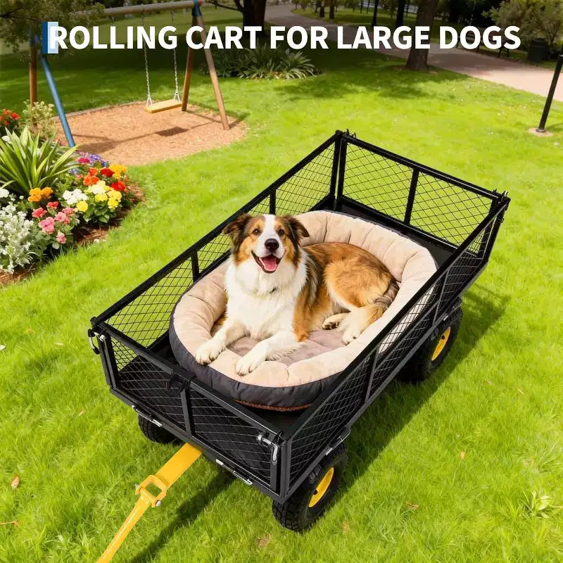 Chariot de jardin robuste en acier de 900 livres, Chariot de jardin sur roues, Chariot utilitaire extérieur en métal avec côtés amovibles en maille