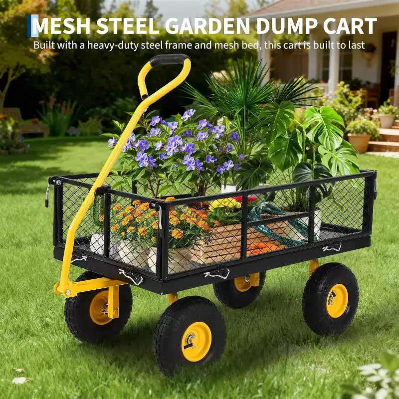 Chariot de jardin robuste en acier de 900 livres, Chariot de jardin sur roues, Chariot utilitaire extérieur en métal avec côtés amovibles en maille