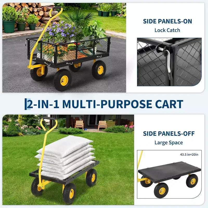 Chariot de jardin robuste en acier de 900 livres, Chariot de jardin sur roues, Chariot utilitaire extérieur en métal avec côtés amovibles en maille