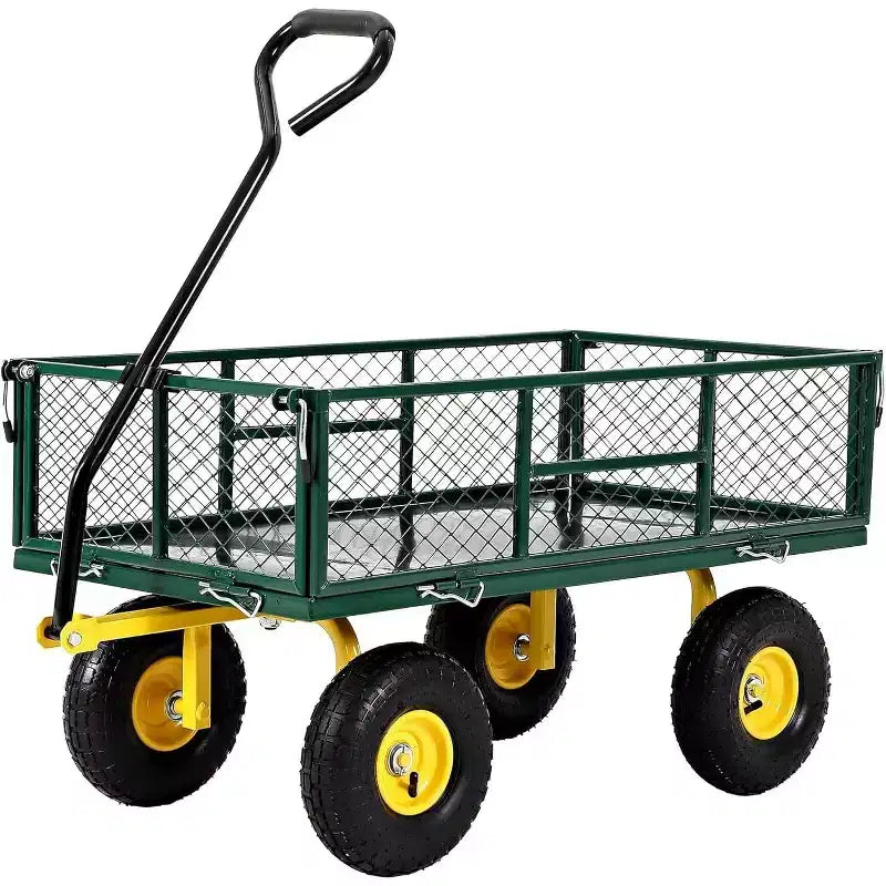 Chariot de jardin robuste en acier de 900 livres, Chariot de jardin sur roues, Chariot utilitaire extérieur en métal avec côtés amovibles en maille