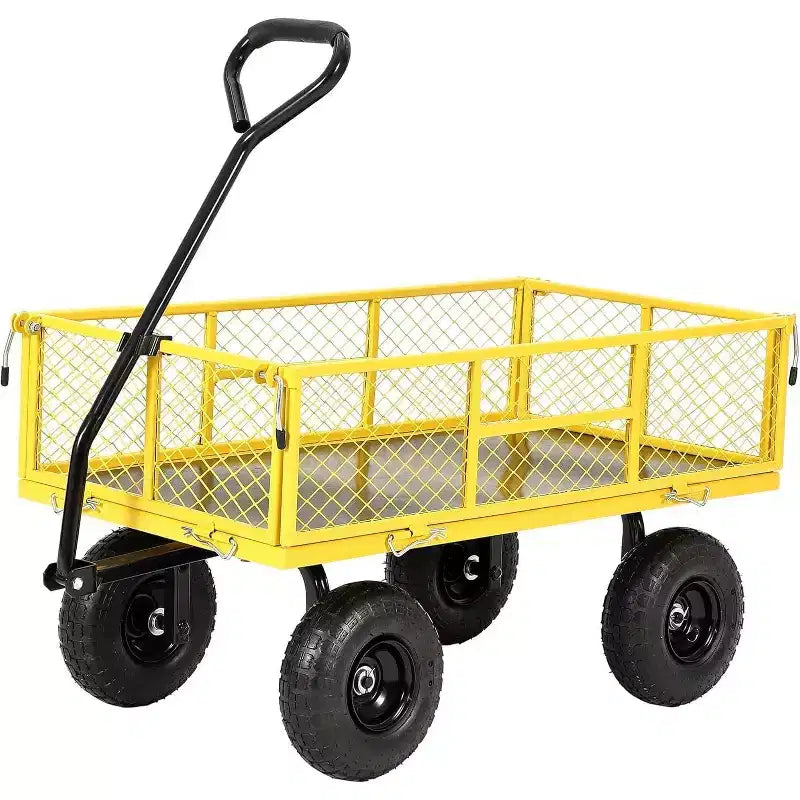 Chariot de jardin robuste en acier de 900 livres, Chariot de jardin sur roues, Chariot utilitaire extérieur en métal avec côtés amovibles en maille