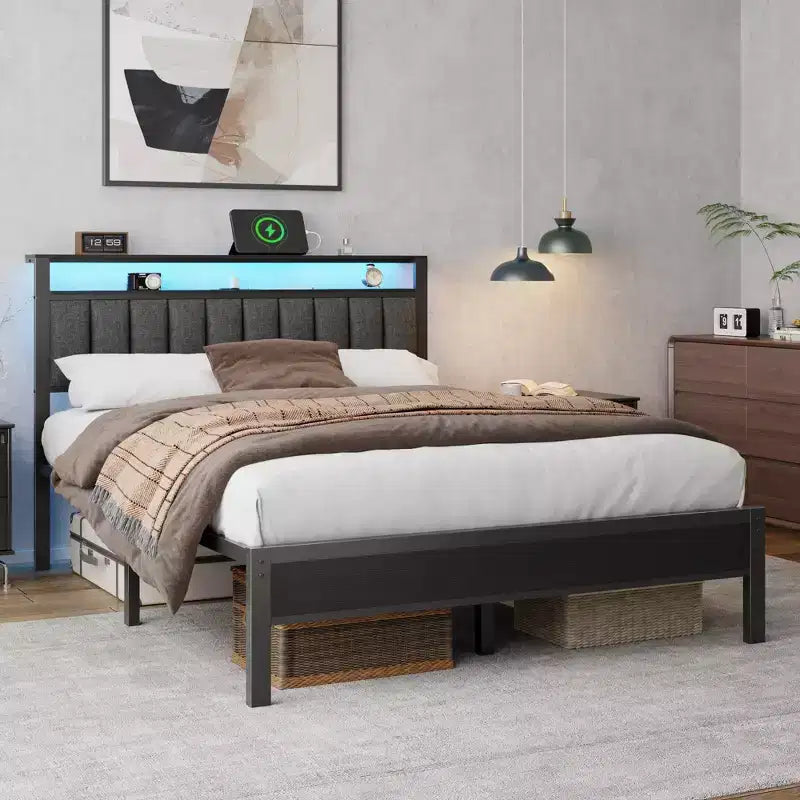 Grey Queen Bed Frame with LED Lights Charging Station Storage Bookcase Headboard Upholstered Platform Bed Metal Slats No Box Spring Needed