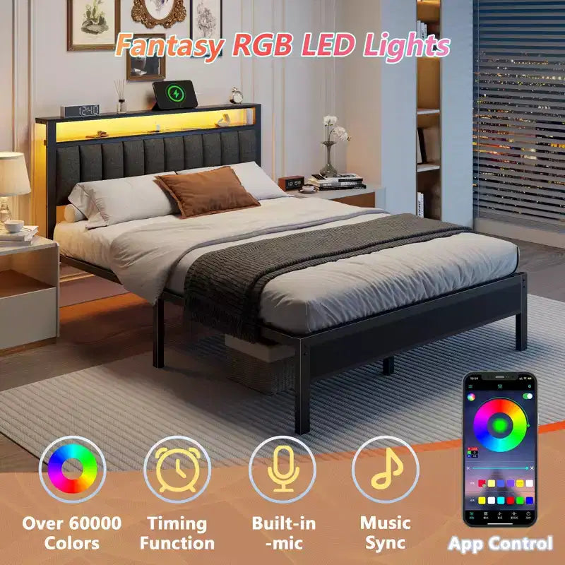 Lit queen size gris avec lumières LED, station de charge, tête de lit bibliothèque de rangement, lit plateforme rembourré, lattes métalliques, pas besoin de sommier.