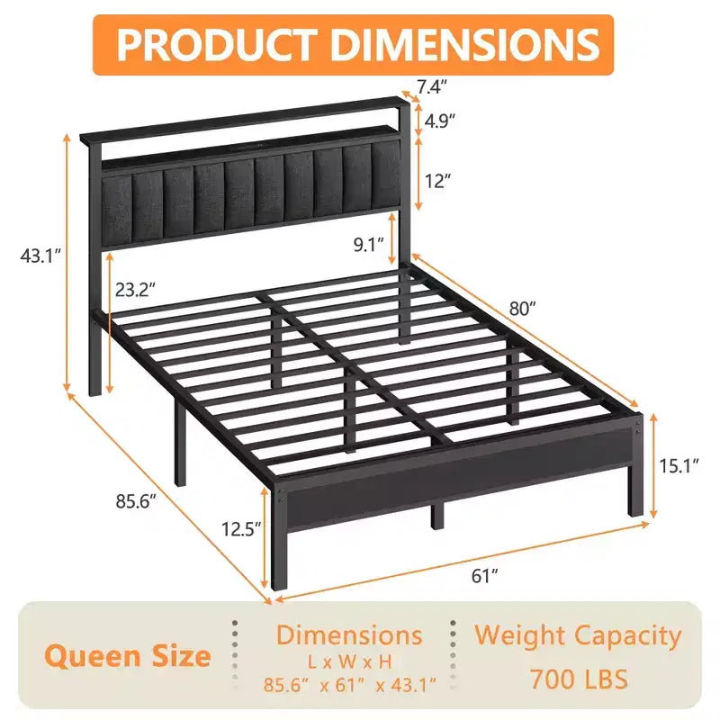 Lit queen size gris avec lumières LED, station de charge, tête de lit bibliothèque de rangement, lit plateforme rembourré, lattes métalliques, pas besoin de sommier.