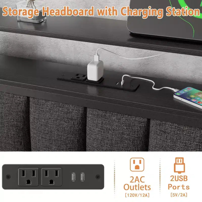 Lit queen size gris avec lumières LED, station de charge, tête de lit bibliothèque de rangement, lit plateforme rembourré, lattes métalliques, pas besoin de sommier.