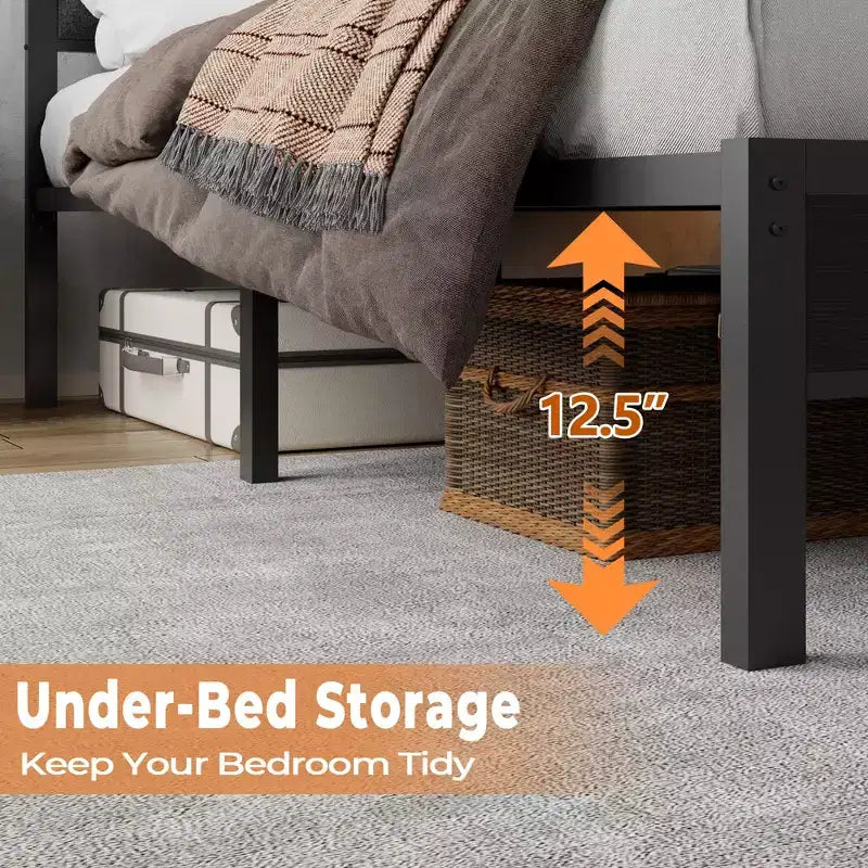 Lit queen size gris avec lumières LED, station de charge, tête de lit bibliothèque de rangement, lit plateforme rembourré, lattes métalliques, pas besoin de sommier.