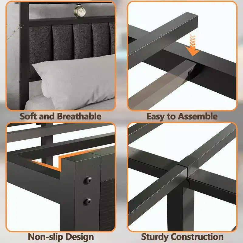 Lit queen size gris avec lumières LED, station de charge, tête de lit bibliothèque de rangement, lit plateforme rembourré, lattes métalliques, pas besoin de sommier.