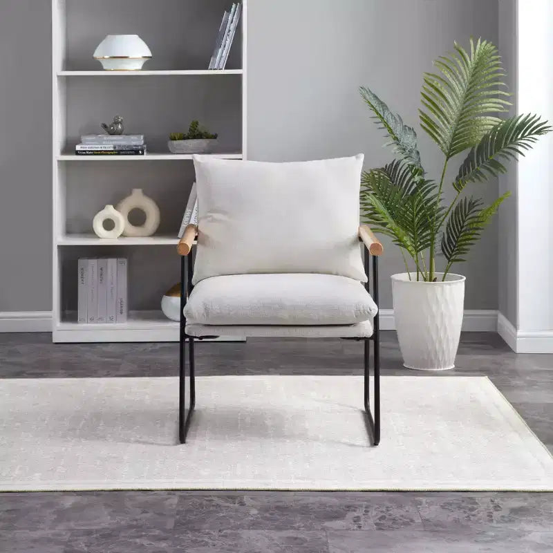 Fauteuil d'appoint moderne avec accoudoirs en bois, fauteuil de lecture avec coussin amovible, fauteuil douillet pour salon, chambre, bureau, blanc laiteux
