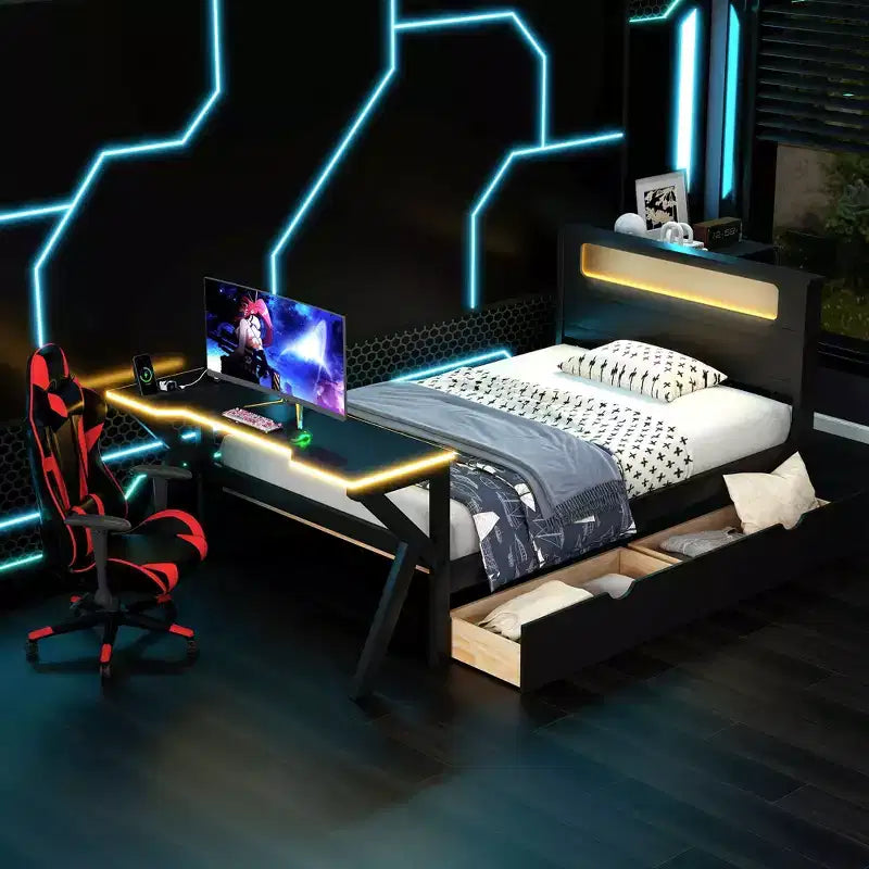 Twin/Full Size Gaming Platform Bed with LED Headboard and Desk, Solid Wood Bed Frame with Storage Drawers and USB for Gamers Adults