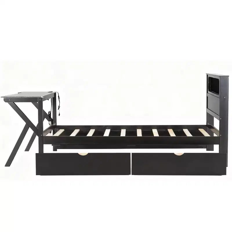 Lit plateforme de jeu double/complet avec tête de lit LED et bureau, cadre de lit en bois massif avec tiroirs de rangement et USB pour joueurs adultes
