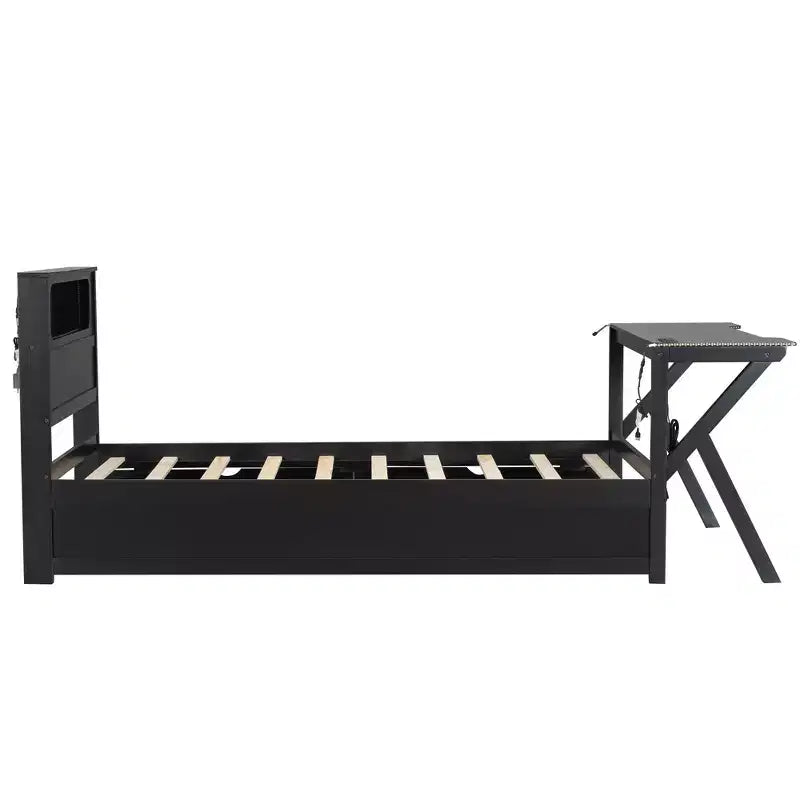 Lit plateforme de jeu double/complet avec tête de lit LED et bureau, cadre de lit en bois massif avec tiroirs de rangement et USB pour joueurs adultes