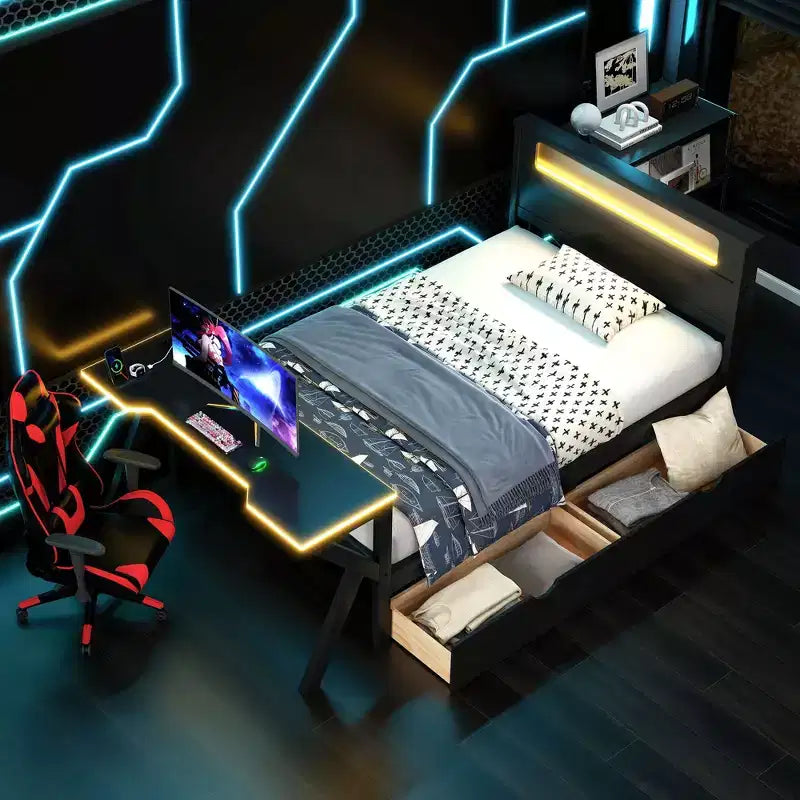 Lit plateforme de jeu double/complet avec tête de lit LED et bureau, cadre de lit en bois massif avec tiroirs de rangement et USB pour joueurs adultes