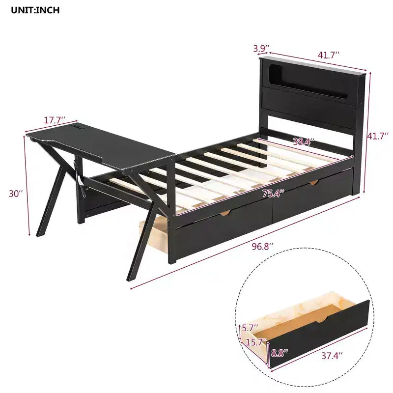 Lit plateforme de jeu double/complet avec tête de lit LED et bureau, cadre de lit en bois massif avec tiroirs de rangement et USB pour joueurs adultes