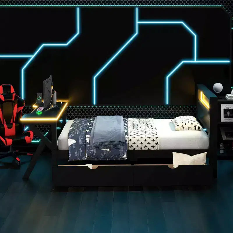 Lit plateforme de jeu double/complet avec tête de lit LED et bureau, cadre de lit en bois massif avec tiroirs de rangement et USB pour joueurs adultes