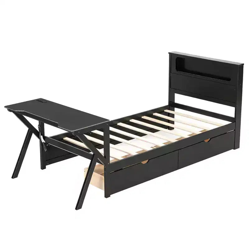 Lit plateforme de jeu double/complet avec tête de lit LED et bureau, cadre de lit en bois massif avec tiroirs de rangement et USB pour joueurs adultes