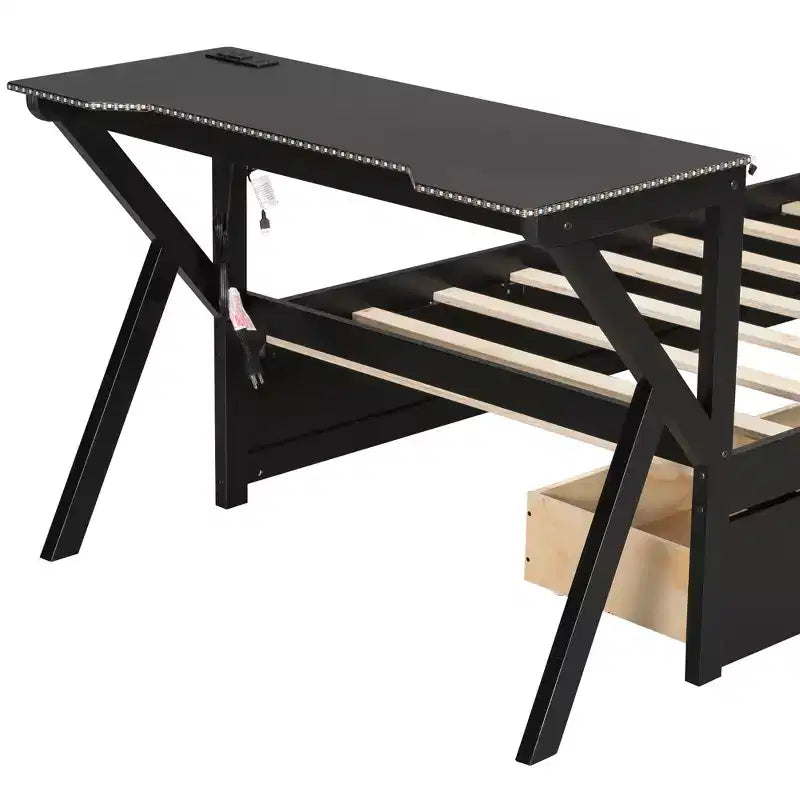 Lit plateforme de jeu double/complet avec tête de lit LED et bureau, cadre de lit en bois massif avec tiroirs de rangement et USB pour joueurs adultes