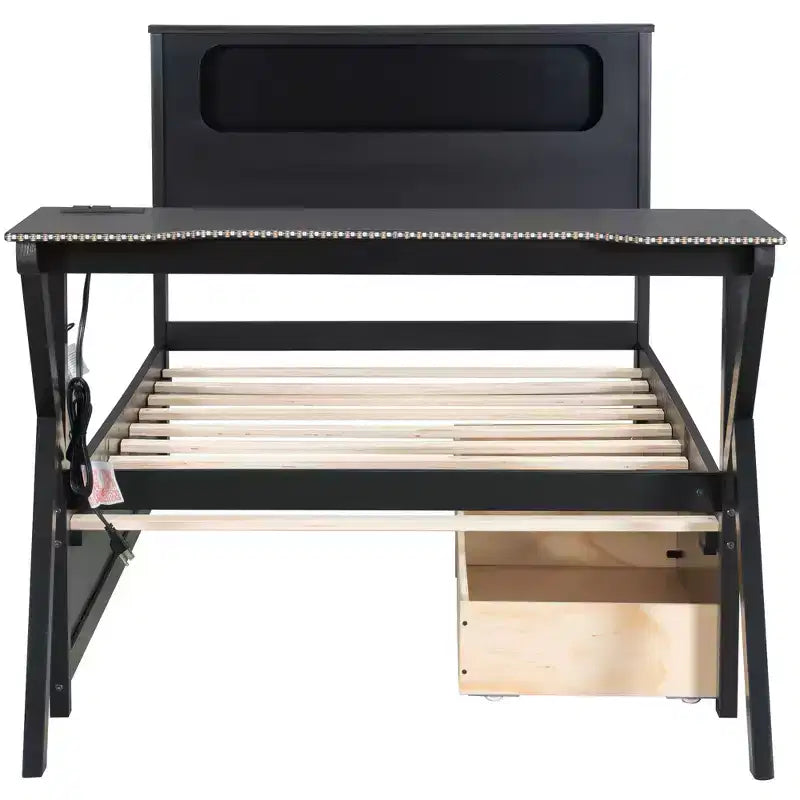 Lit plateforme de jeu double/complet avec tête de lit LED et bureau, cadre de lit en bois massif avec tiroirs de rangement et USB pour joueurs adultes