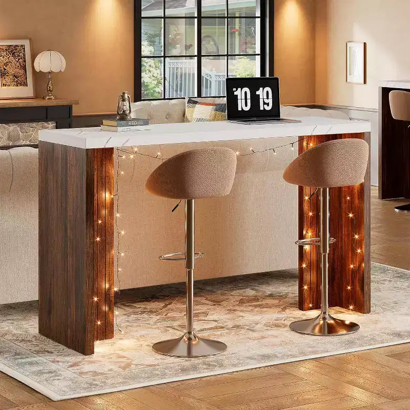 Table de bar en T de 55", table de pub à hauteur de comptoir avec plateau en faux marbre, unité de bar rectangulaire moderne pour cuisine, salle à manger, salon