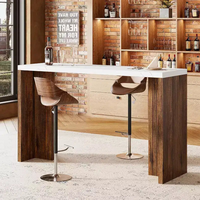 Table de bar en T de 55", table de pub à hauteur de comptoir avec plateau en faux marbre, unité de bar rectangulaire moderne pour cuisine, salle à manger, salon