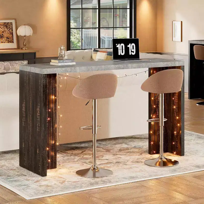 55 T-Shaped Leg Bar Table,Counter Height Pub Table with Faux Marble Top, Modern Rectangular Home Bar Unit for Kitchen, Dining Room, Living Room