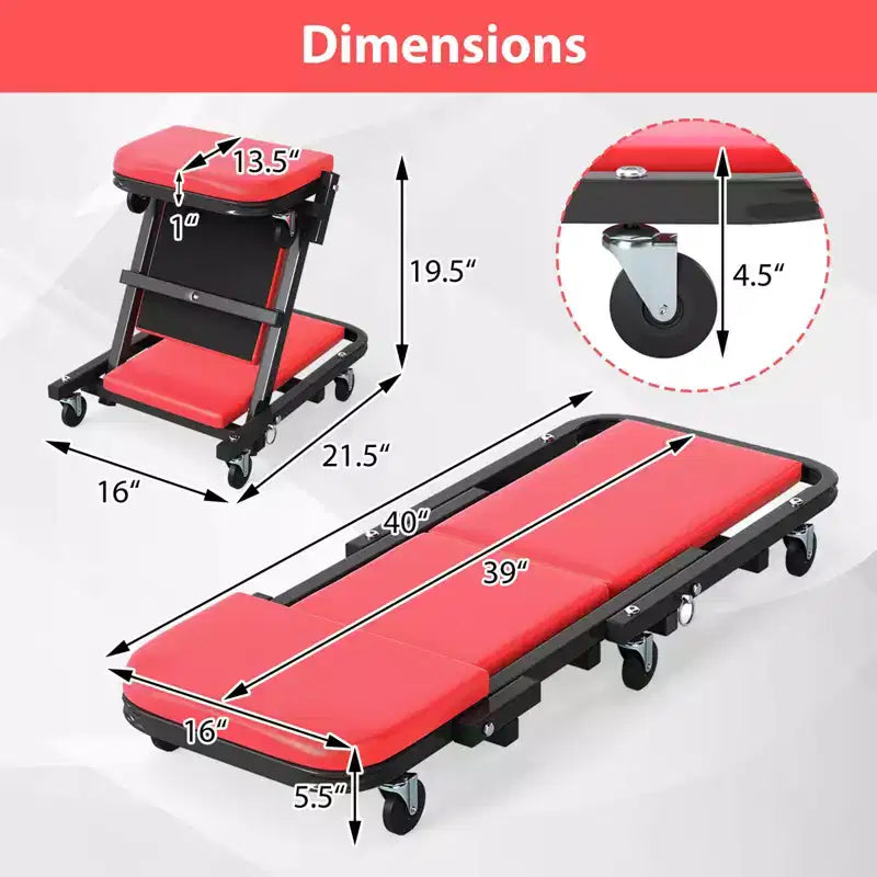 Siège roulant et pliable 2-en-1 en Z avec 6 roulettes pivotantes, cadre métallique robuste noir + rouge/noir