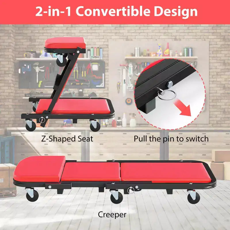 Siège roulant et pliable 2-en-1 en Z avec 6 roulettes pivotantes, cadre métallique robuste noir + rouge/noir