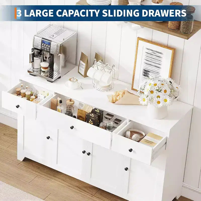 Buffet de salle à manger avec rangement, meuble de rangement de cuisine minimaliste avec 3 tiroirs et 4 portes, table console de style ferme, bar à café pour la cuisine