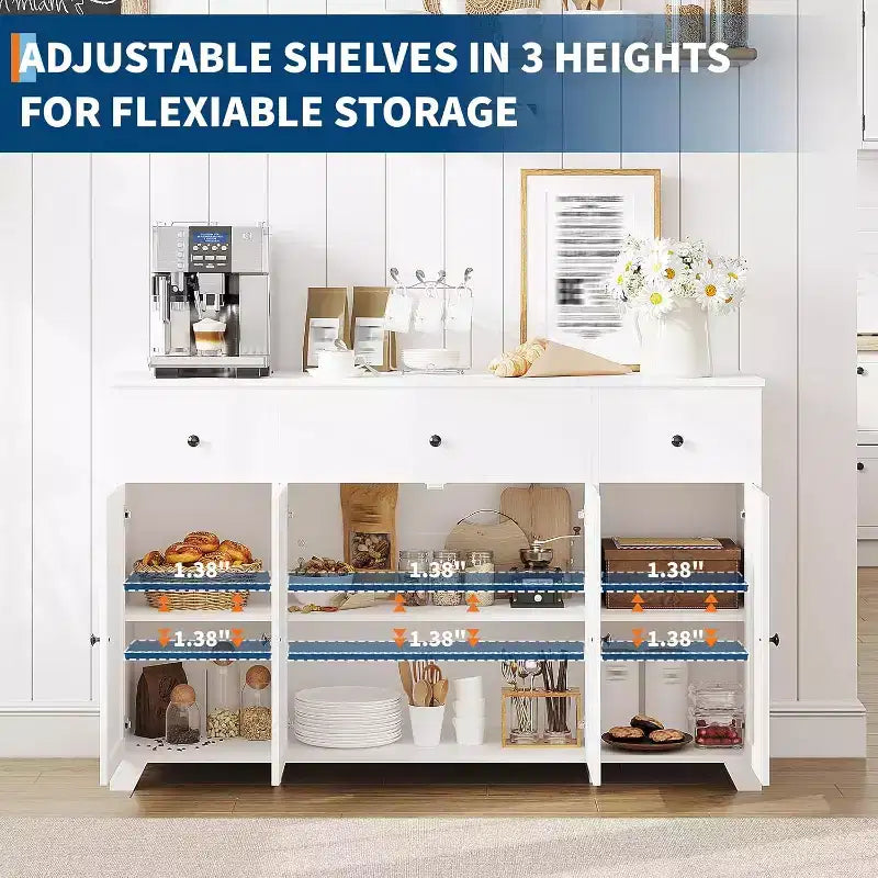 Buffet de salle à manger avec rangement, meuble de rangement de cuisine minimaliste avec 3 tiroirs et 4 portes, table console de style ferme, bar à café pour la cuisine