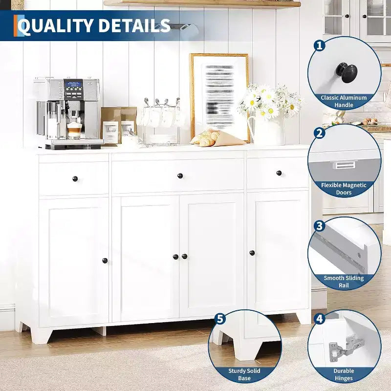 Buffet de salle à manger avec rangement, meuble de rangement de cuisine minimaliste avec 3 tiroirs et 4 portes, table console de style ferme, bar à café pour la cuisine