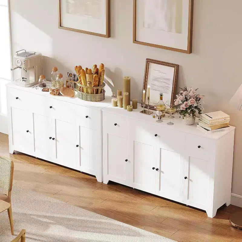 Buffet de salle à manger avec rangement, meuble de rangement de cuisine minimaliste avec 3 tiroirs et 4 portes, table console de style ferme, bar à café pour la cuisine