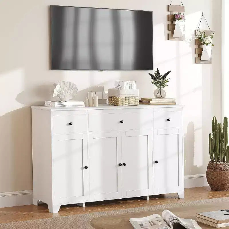 Buffet de salle à manger avec rangement, meuble de rangement de cuisine minimaliste avec 3 tiroirs et 4 portes, table console de style ferme, bar à café pour la cuisine
