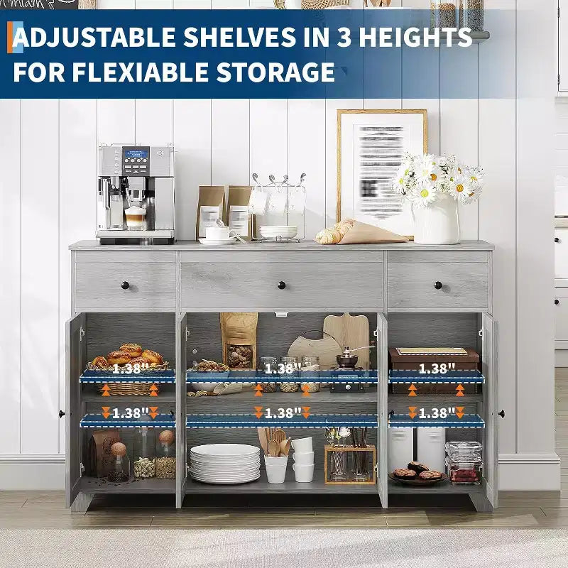 Buffet de salle à manger avec rangement, meuble de rangement de cuisine minimaliste avec 3 tiroirs et 4 portes, table console de style ferme, bar à café pour la cuisine