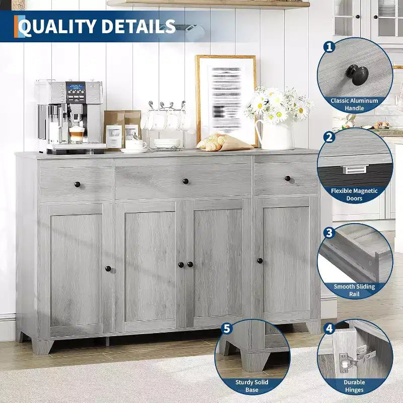Buffet de salle à manger avec rangement, meuble de rangement de cuisine minimaliste avec 3 tiroirs et 4 portes, table console de style ferme, bar à café pour la cuisine