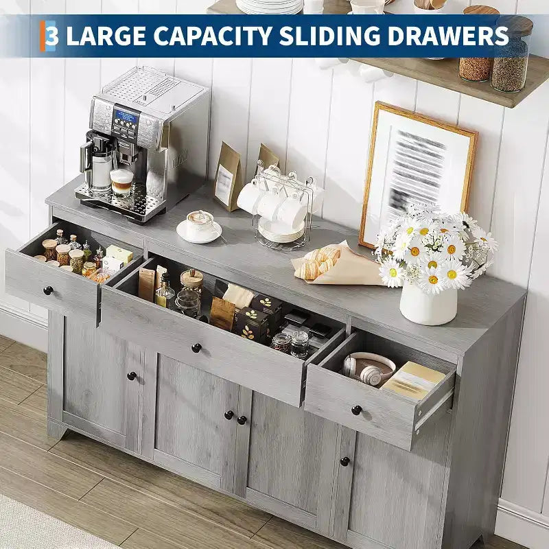Buffet de salle à manger avec rangement, meuble de rangement de cuisine minimaliste avec 3 tiroirs et 4 portes, table console de style ferme, bar à café pour la cuisine