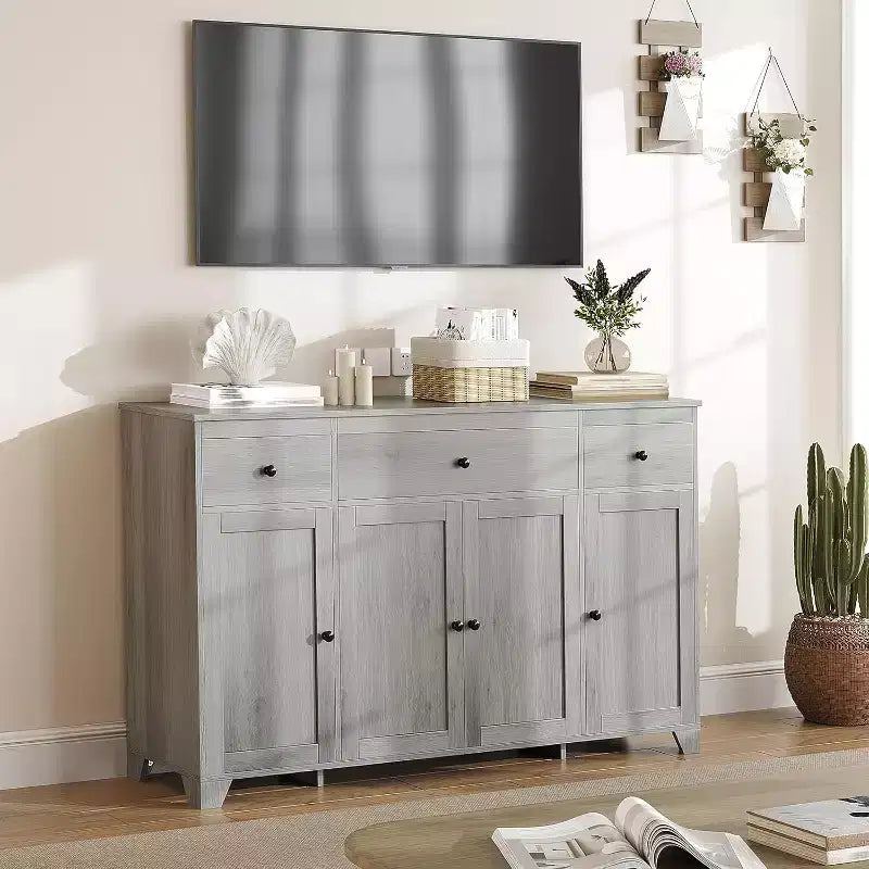 Buffet de salle à manger avec rangement, meuble de rangement de cuisine minimaliste avec 3 tiroirs et 4 portes, table console de style ferme, bar à café pour la cuisine