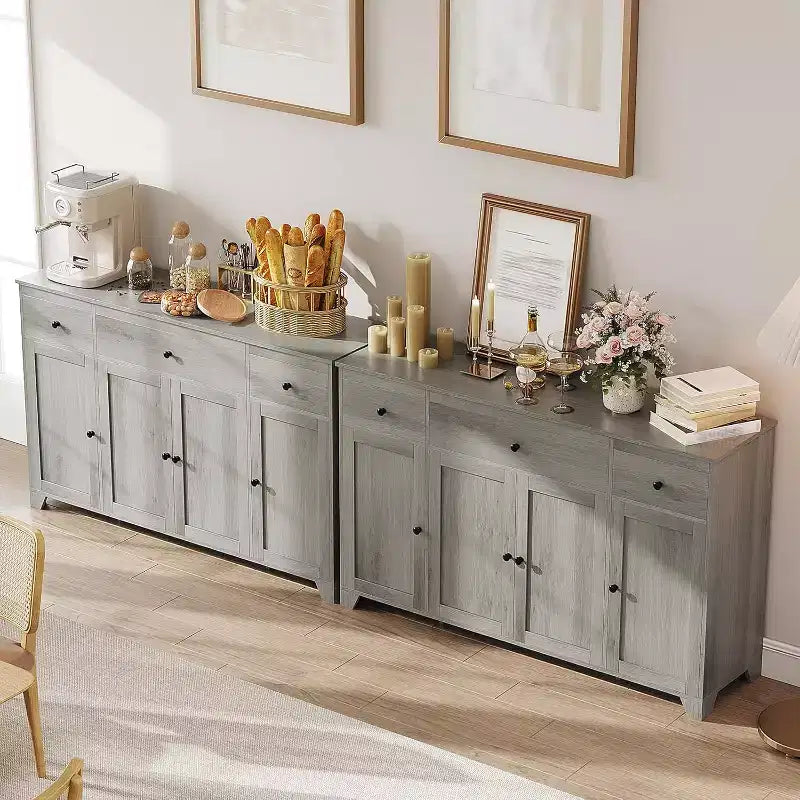 Buffet de salle à manger avec rangement, meuble de rangement de cuisine minimaliste avec 3 tiroirs et 4 portes, table console de style ferme, bar à café pour la cuisine