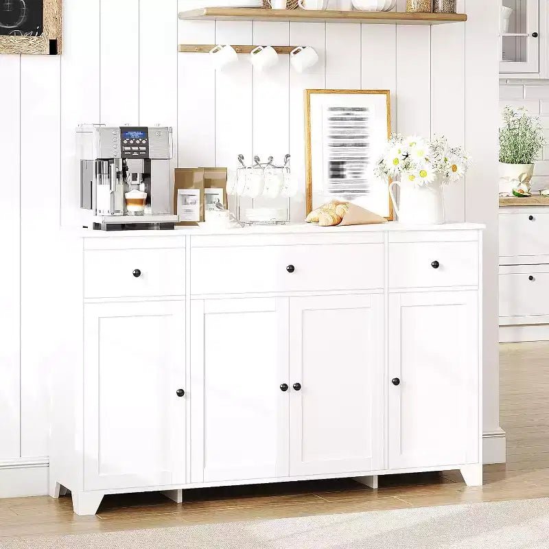 Buffet de salle à manger avec rangement, meuble de rangement de cuisine minimaliste avec 3 tiroirs et 4 portes, table console de style ferme, bar à café pour la cuisine