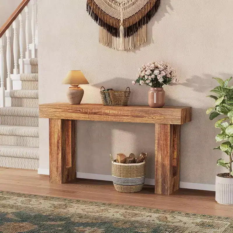 Acekool 63 Inch Long Console Table for Entryway, Narrow Sofa Table Behind Couch, Farmhouse Industrial Oak Accent, Brown