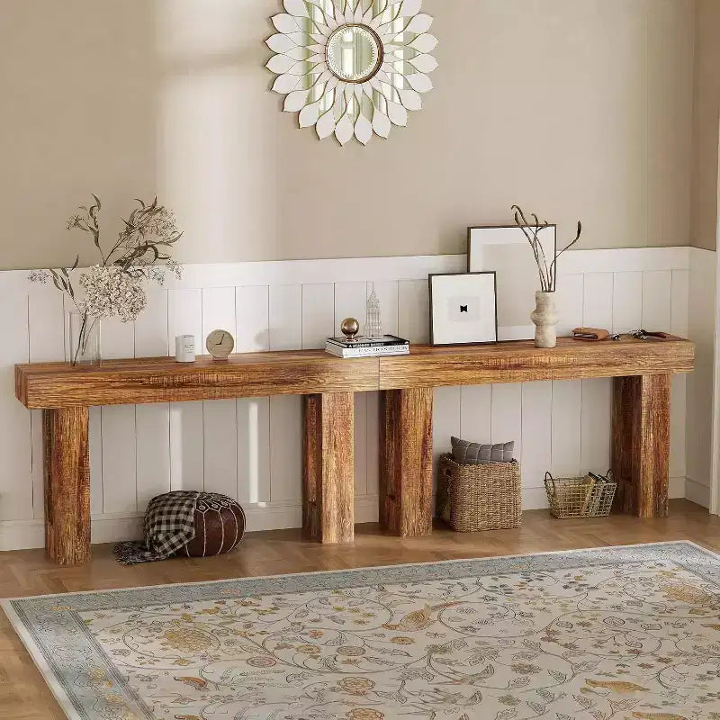 Table console de 160 cm de long pour entrée, table d'appoint étroite derrière le canapé, style industriel rustique en chêne, marron