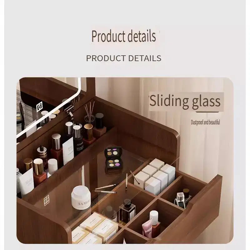 Coiffeuse 3 en 1 avec miroir escamotable, petite coiffeuse avec plateau en verre visible, coiffeuse compacte avec 3 tiroirs - Noyer