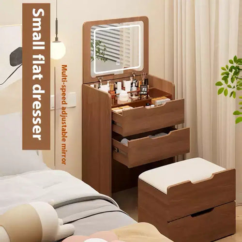 Coiffeuse 3 en 1 avec miroir escamotable, petite coiffeuse avec plateau en verre visible, coiffeuse compacte avec 3 tiroirs - Noyer