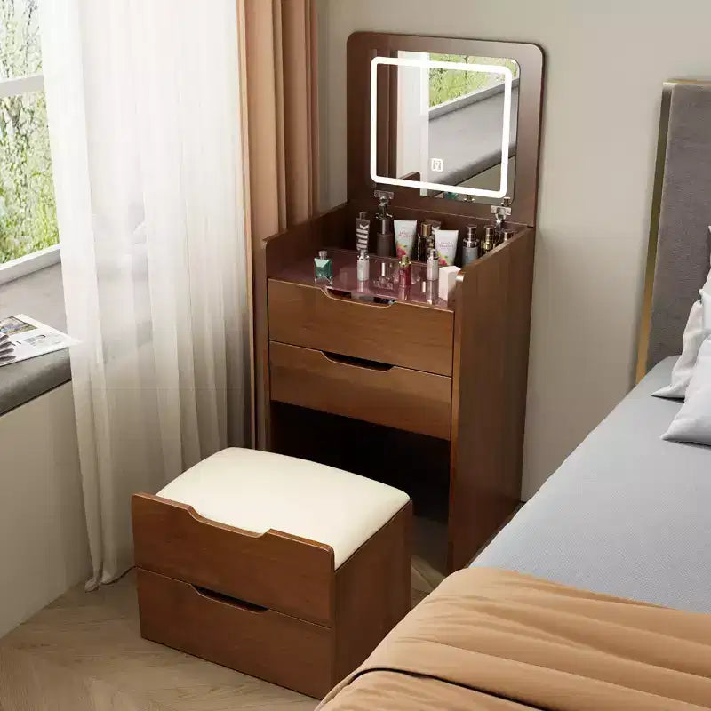 Coiffeuse 3 en 1 avec miroir escamotable, petite coiffeuse avec plateau en verre visible, coiffeuse compacte avec 3 tiroirs - Noyer
