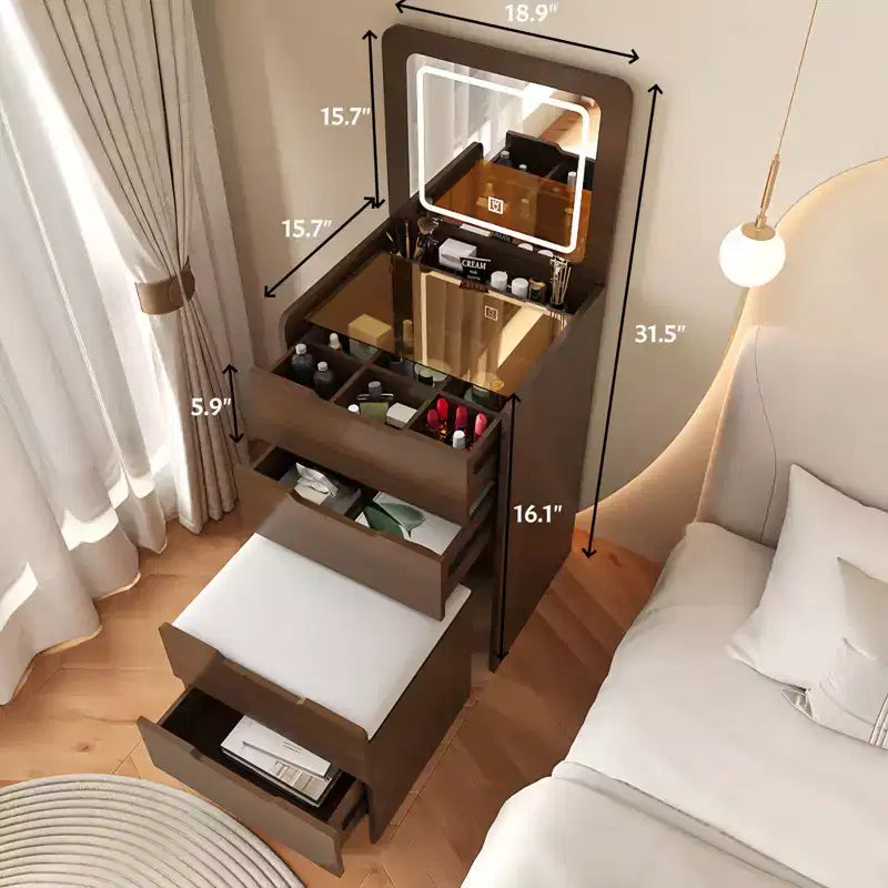 Coiffeuse 3 en 1 avec miroir escamotable, petite coiffeuse avec plateau en verre visible, coiffeuse compacte avec 3 tiroirs - Noyer